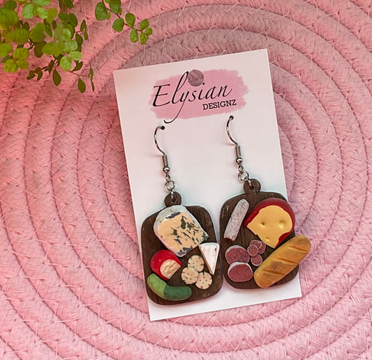 Miniature Cheese Board Dangle Earrings | Handmade Polymer Clay NZ