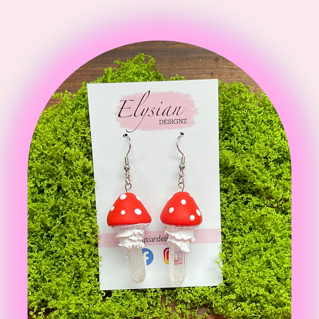 Red Crystal Shard Mushrooms - NZ Polymer Clay Earrings