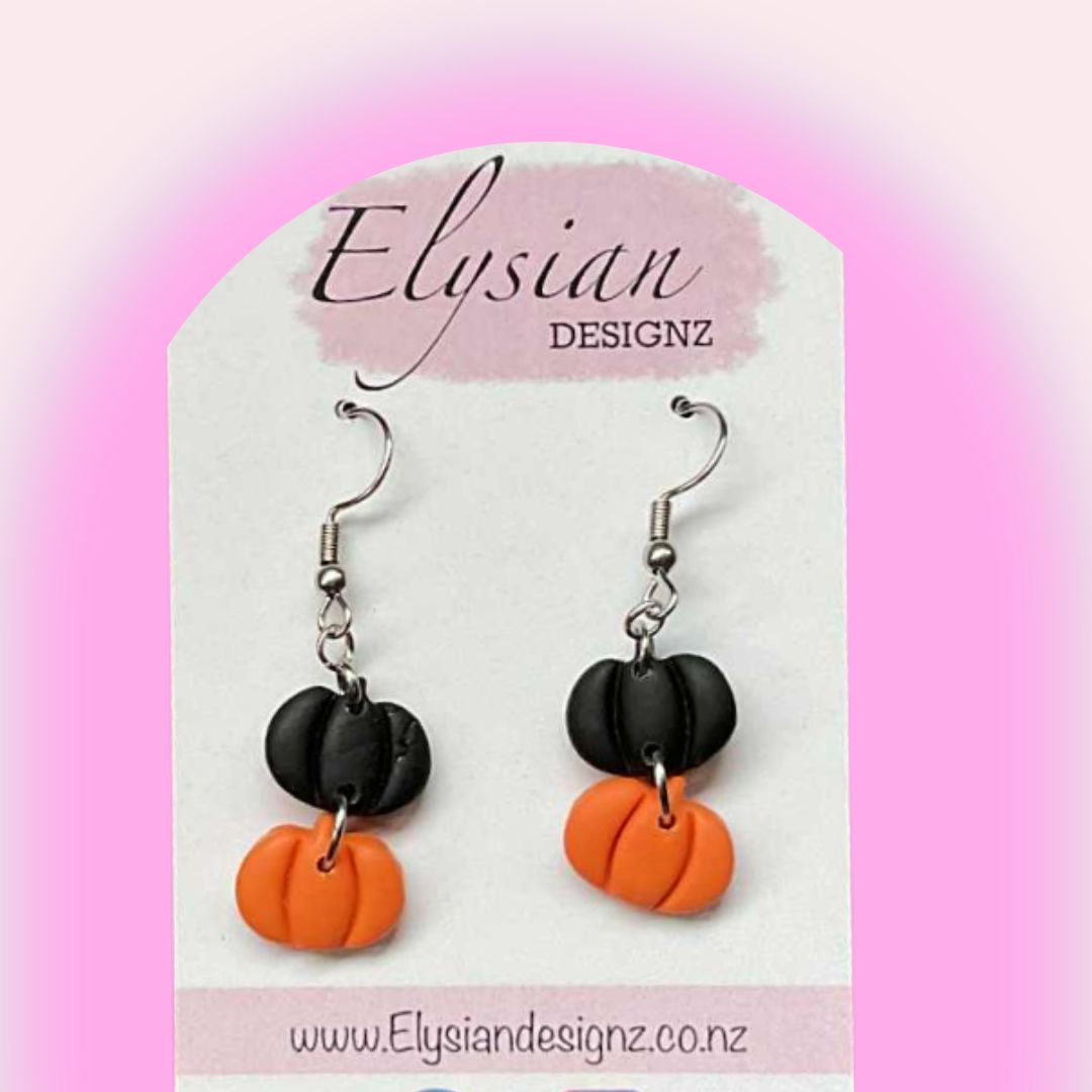 Spooky Pumpkin Duo Danglies – NZ Polymer Clay Earrings
