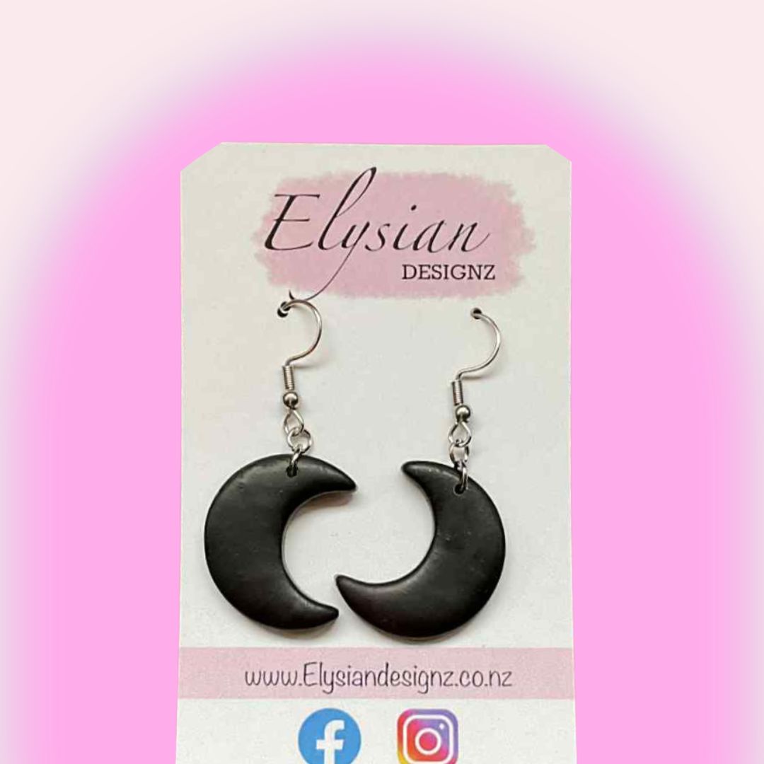 Black Crescent Moon Danglies – NZ Polymer Clay Earrings