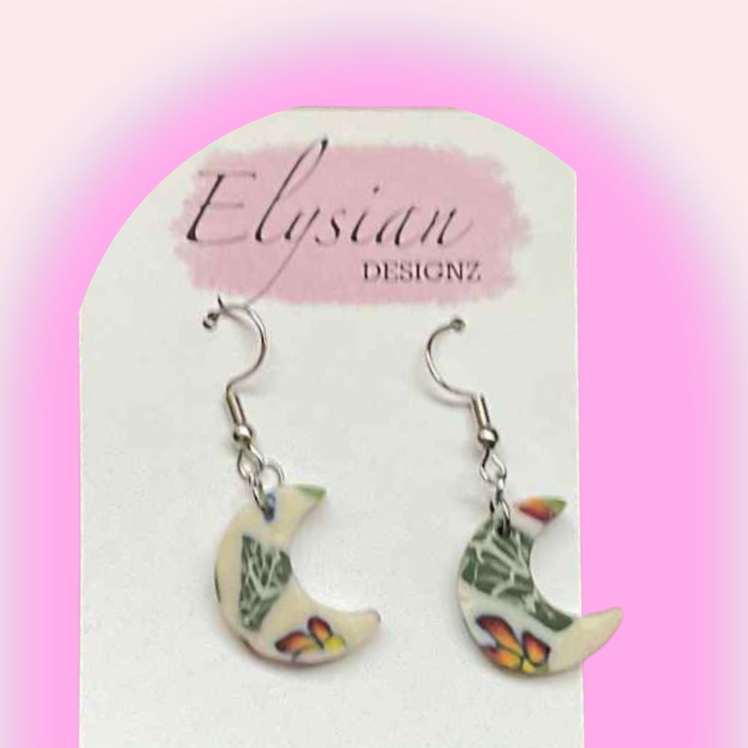 Floral Cane Single Moon Danglies – NZ Polymer Clay Earrings