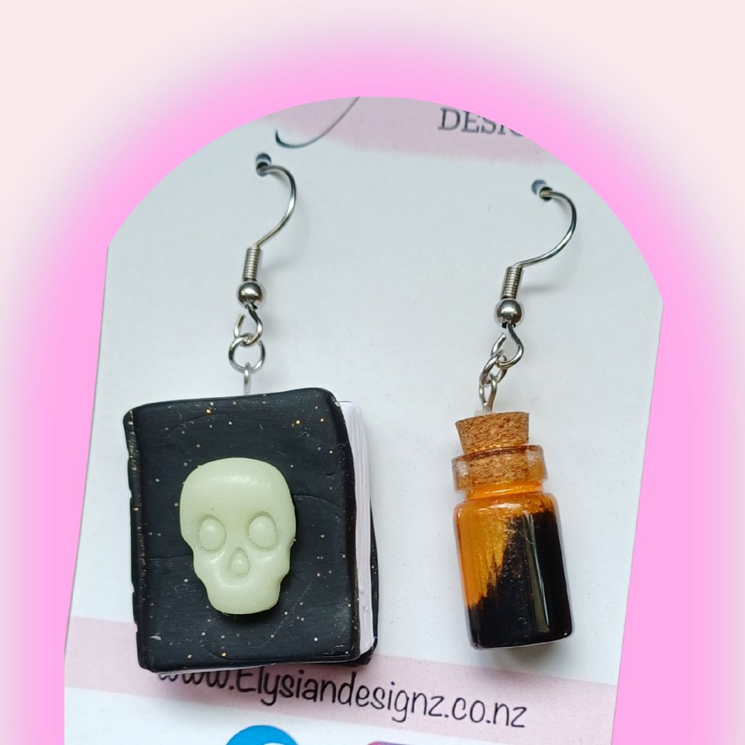 Skull Spellbook & Poison Brew Danglies - NZ Polymer Clay Earrings