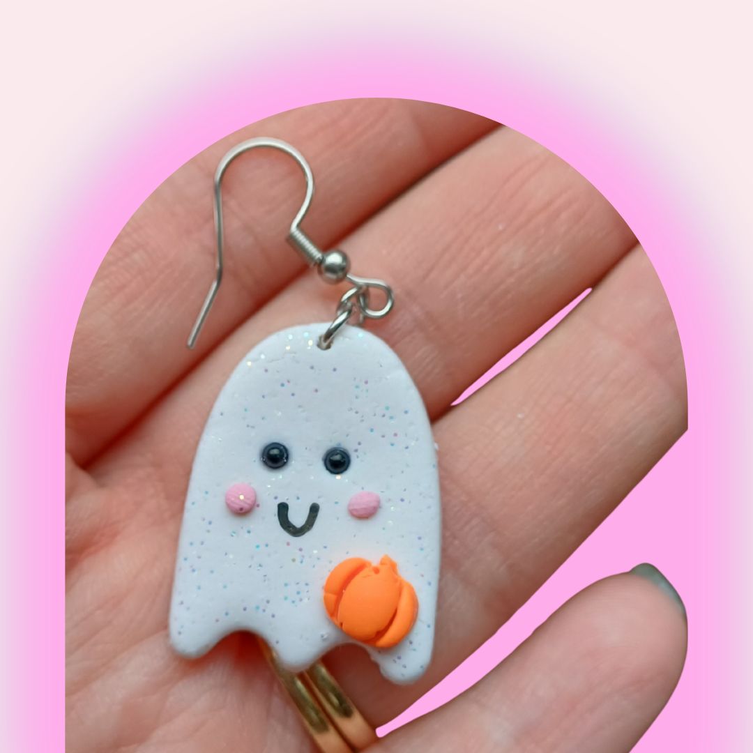 Pumpkin Ghost Danglies - NZ Polymer Clay Earrings