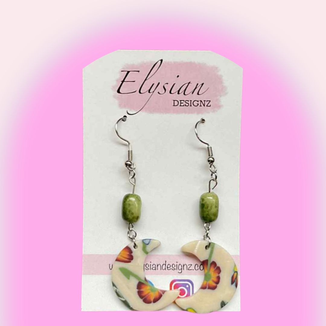 Floral Cane Beaded Moon Danglies – NZ Polymer Clay Earrings