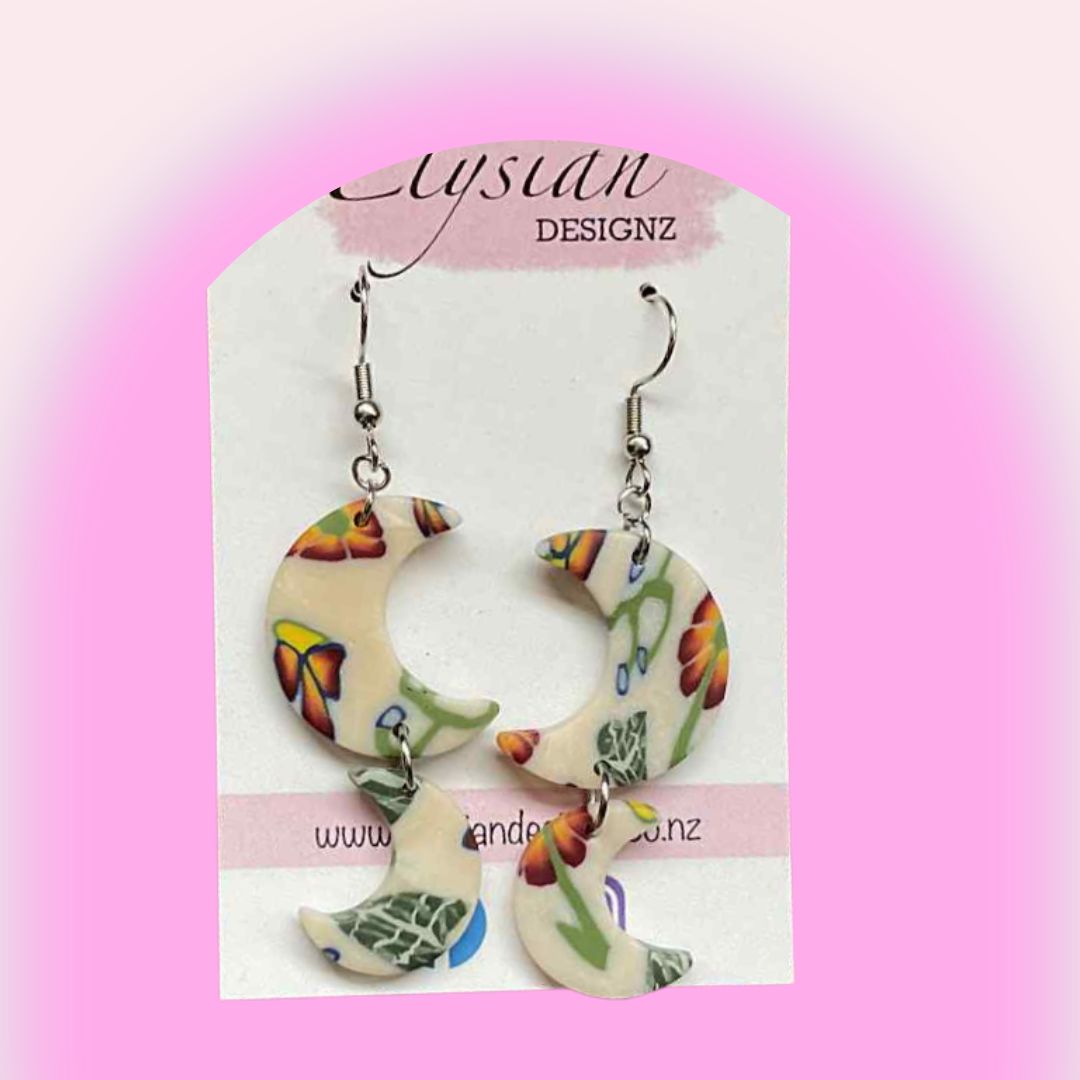 Floral Cane Double Moon Danglies – NZ Polymer Clay Earrings