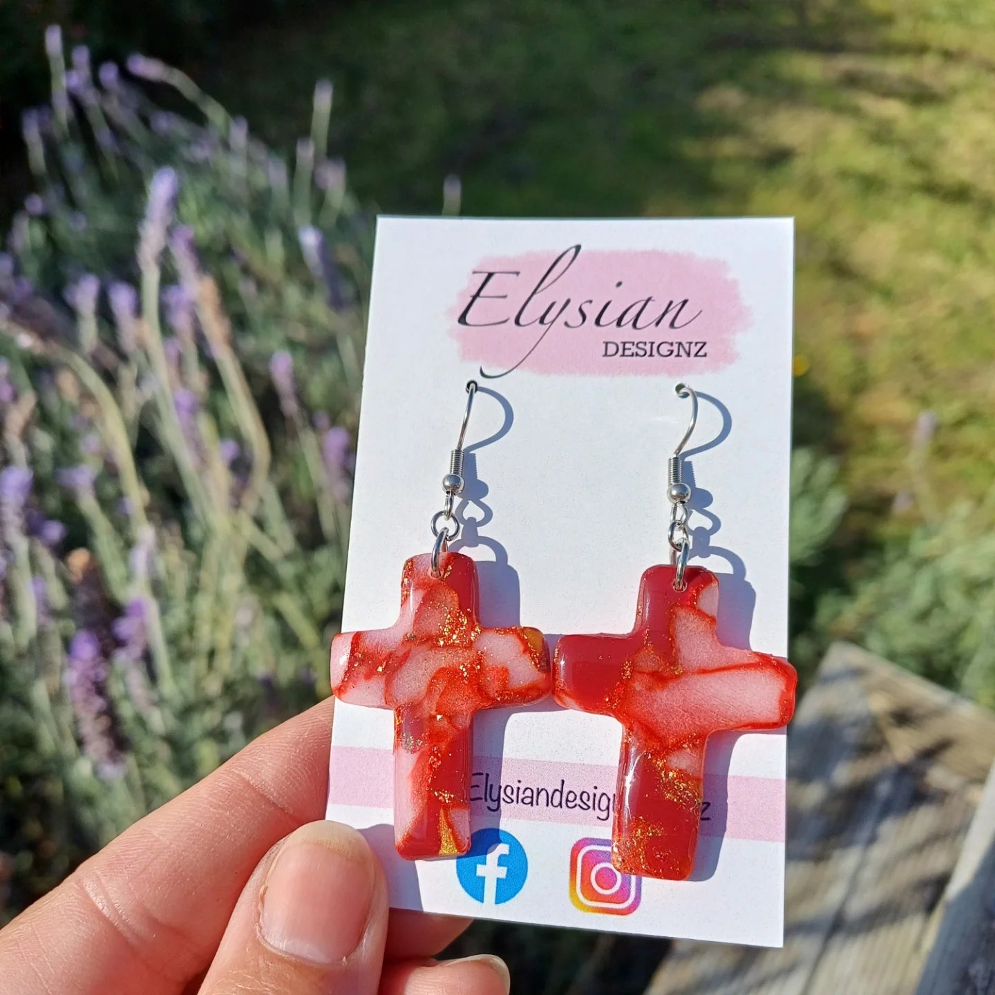 Red & Gold Stained Glass Crosses – Polymer Clay Earrings NZ