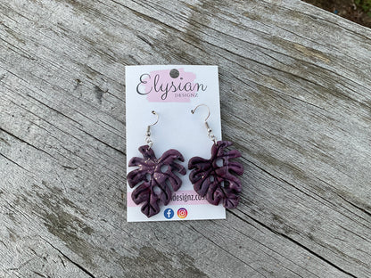 Purpum Monstera Dangle Earrings | Handmade Polymer Clay NZ