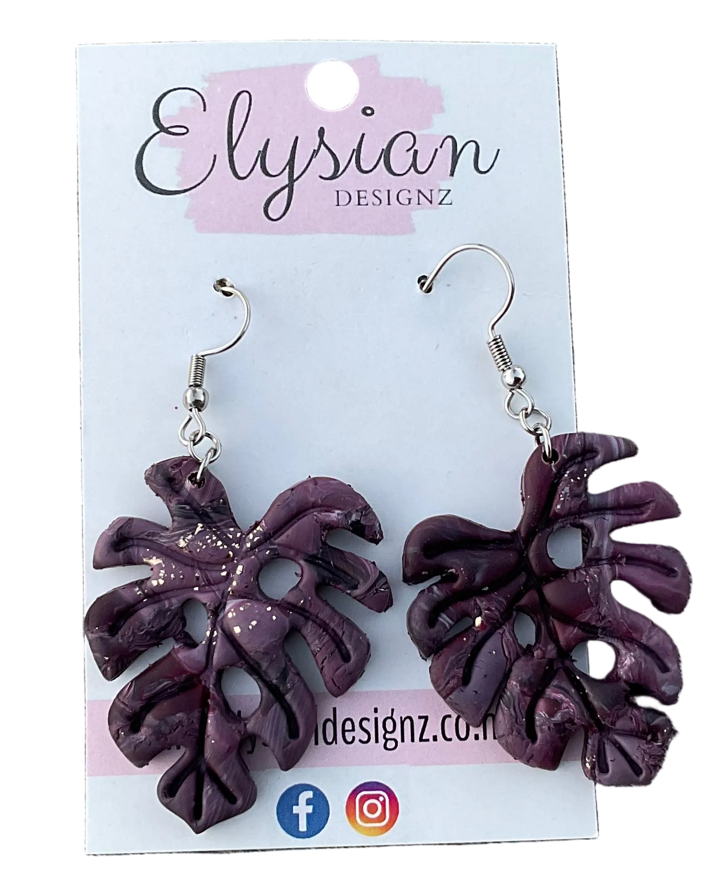Purpum Monstera Dangle Earrings | Handmade Polymer Clay NZ