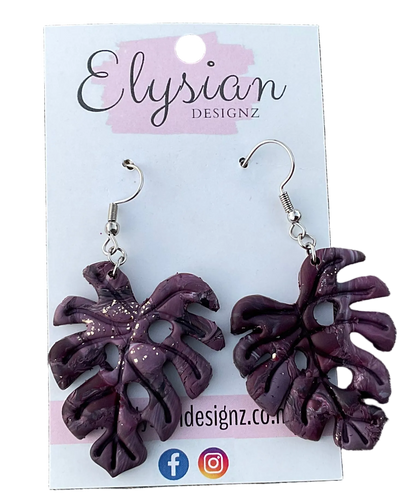 Purpum Monstera Dangle Earrings | Handmade Polymer Clay NZ