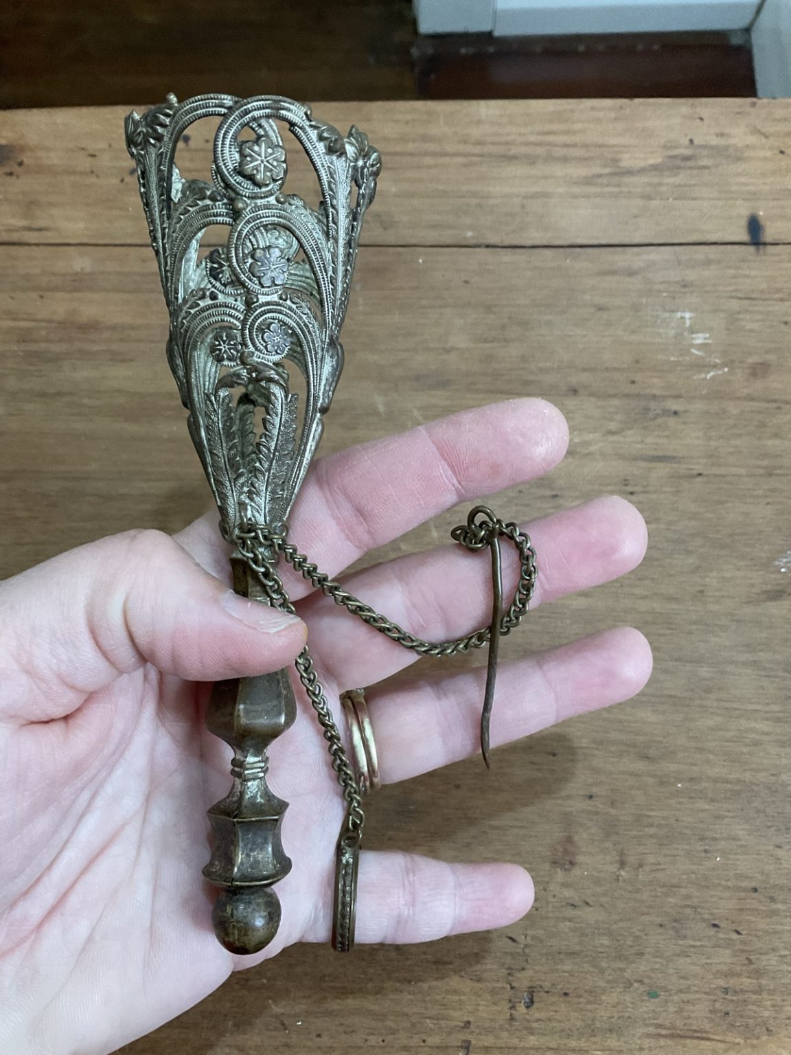 Vintage Ornate Tussie Mussie Posy Bouquet Holder with Chain & Pin
