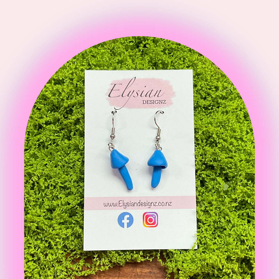 Mini Blue Mushrooms - NZ Polymer Clay Earrings