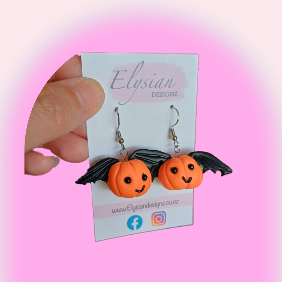 Bat Pumpkin Danglies - NZ Polymer Clay Earrings