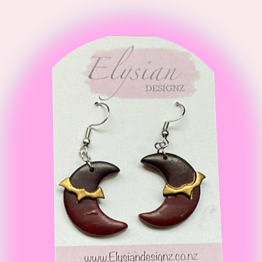 Crescent Moon & Bat Danglies – NZ Polymer Clay Earrings