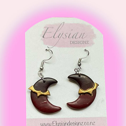Crescent Moon & Bat Danglies – NZ Polymer Clay Earrings