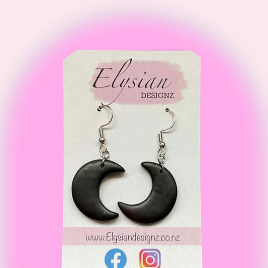 Black Crescent Moon Danglies – NZ Polymer Clay Earrings