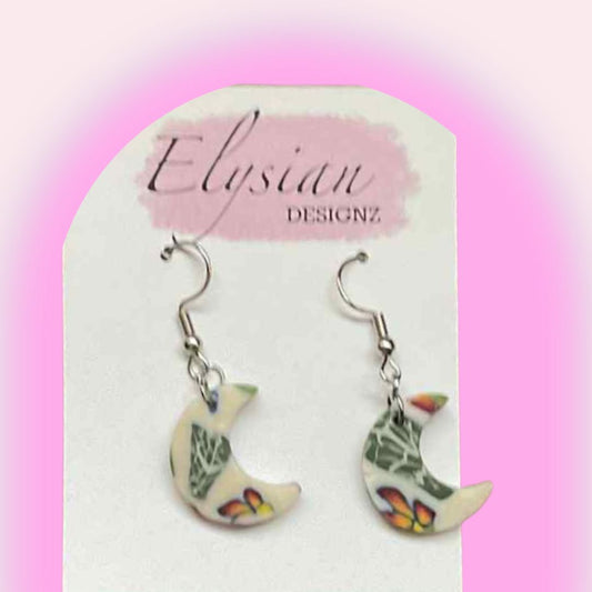 Floral Cane Single Moon Danglies – NZ Polymer Clay Earrings