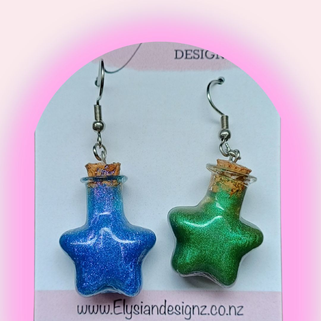 Bottle Starlight Potions – Blue & Green - NZ Polymer Clay Earrings