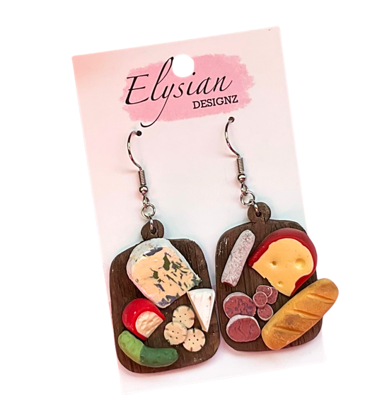 Miniature Cheese Board Dangle Earrings | Handmade Polymer Clay NZ