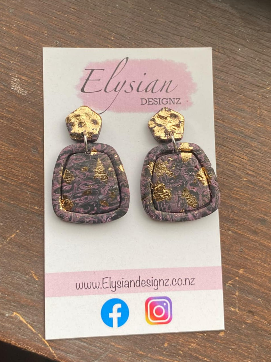 Mauve/Gold Cubes – Polymer Clay Earrings NZ