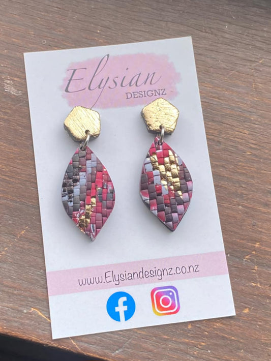 Crimson Weave Droplets – Polymer Clay Earrings NZ