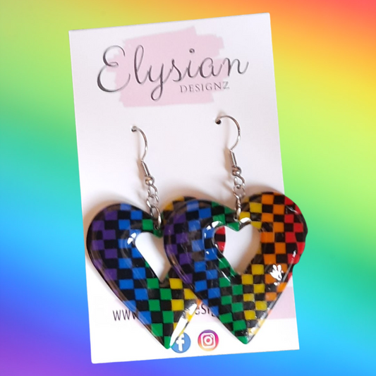 Rainbow Chequered Heart Danglies - NZ Polymer Clay Earrings