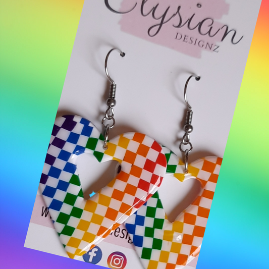 Rainbow Chequered Heart Danglies - NZ Polymer Clay Earrings